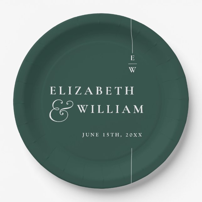Emerald Green Modern Minimalist Monogram Wedding Paper Plate (Front)