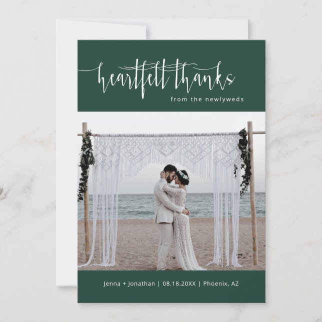 Emerald Green Modern Minimalist Wedding Photo Flat Thank You Card (Front)