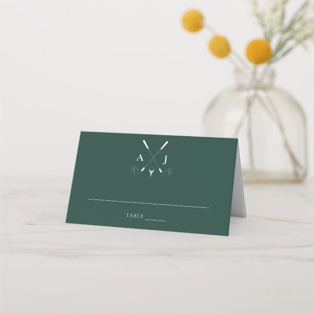 Emerald Green Modern Monogram Golf Wedding Place Card (Front)