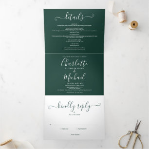 Emerald Green Modern Script Monogran Photo Wedding Tri-Fold Invitation