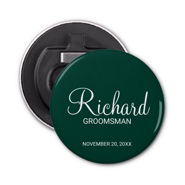 Emerald Green Modern Script Personalised Groomsman Bottle Opener (Front)