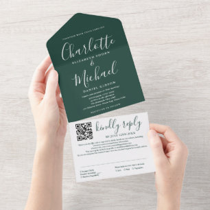 Emerald Green Modern Script QR Code Wedding All In One Invitation