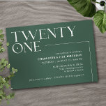 Emerald Green | Modern Simple 21st Birthday Party Invitation<br><div class="desc">Modern 21st birthday invitations with large heading "twenty one" text in an accent font. Off-centre design on a dark green background.</div>