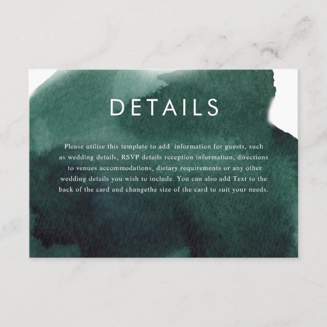 Emerald Green Modern Watercolor Wedding Details Enclosure Card (Front)
