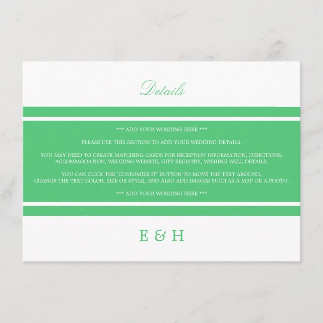 Emerald Green Modern Wedding Detail Enclosure Card (Front)