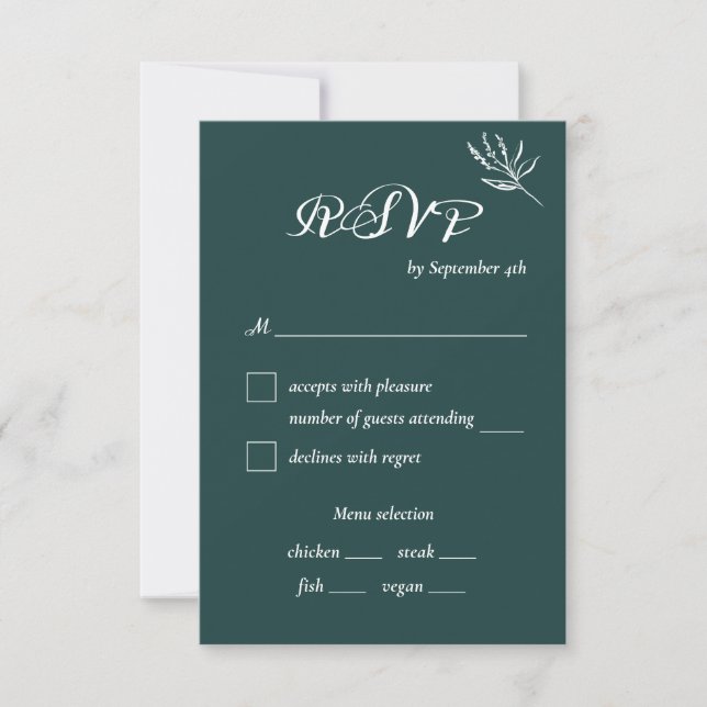 Emerald Green Modern Wedding Meal Choice RSVP Card (Front)