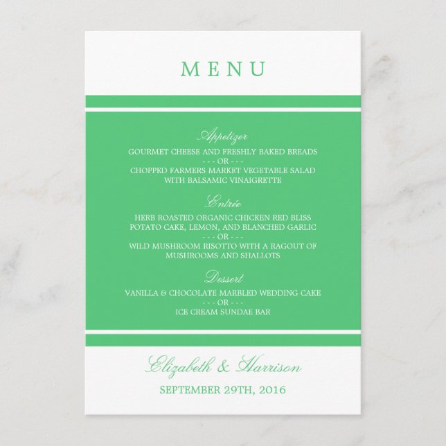 Emerald Green Modern Wedding Menu (Front)