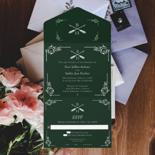 Emerald Green Monogram and Arrows Wedding All In One Invitation