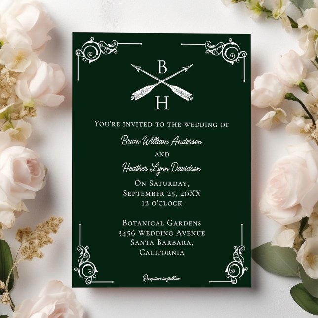 Emerald Green Monogram and Arrows Wedding Invitation (Emerald Green Monogram and Arrows Wedding Invitation)