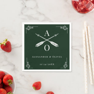 Emerald Green Monogram and Arrows Wedding Napkin