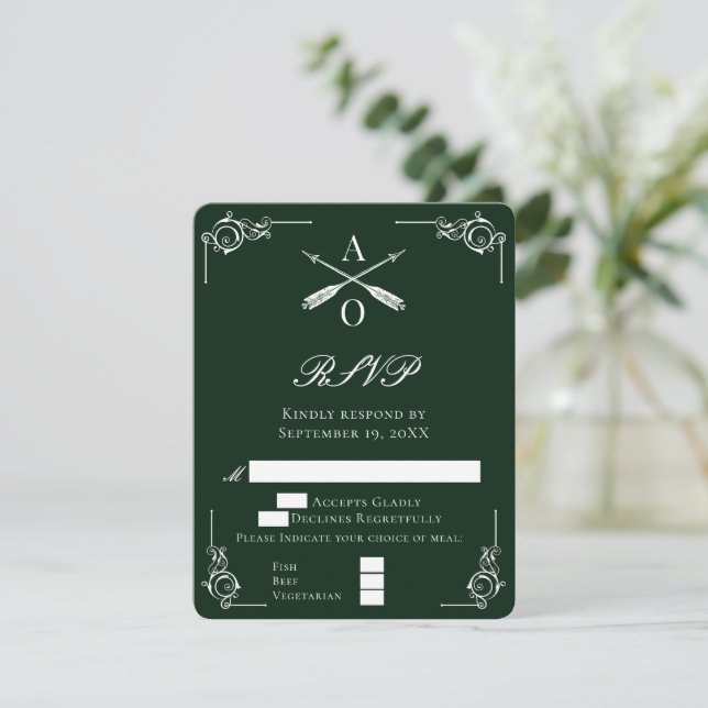 Emerald Green Monogram and Arrows Wedding RSVP Card (Standing Front)