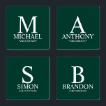 Emerald Green Monogram and Name Groomsman Coaster Set<br><div class="desc">Modern Personalised Groomsman Gifts
featuring personalised monogram,  groomsman's name and title in white classic serif font style on emerald green background.

Also perfect for Best Man,  Father of the Bride and more.</div>