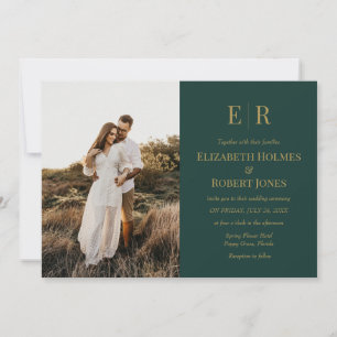 Emerald Green Monogram Couple Photo Wedding Invitation