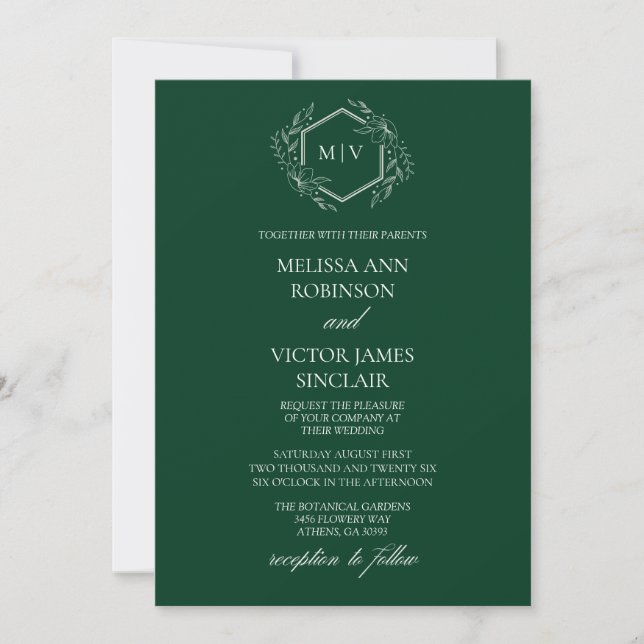 Emerald Green Monogram Crest Wedding Invitation (Front)