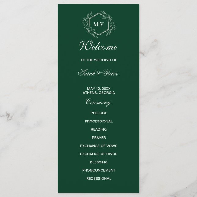 Emerald Green Monogram double side program card  (Front)