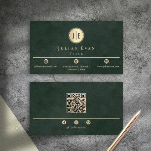 Emerald Green Monogram Modern Scannable Qr Code Business Card