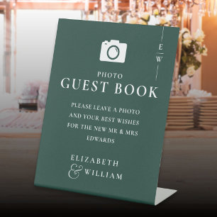 Emerald Green Monogram Photo Guest Book Wedding Pedestal Sign