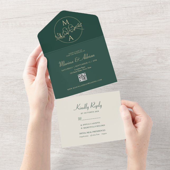 Emerald Green Monogram Wedding All In One Invitation (Tearaway)