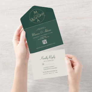 Emerald Green Monogram Wedding All In One Invitation