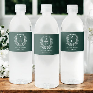 Emerald Green Monogram Wedding Floral Crest Water Bottle Label