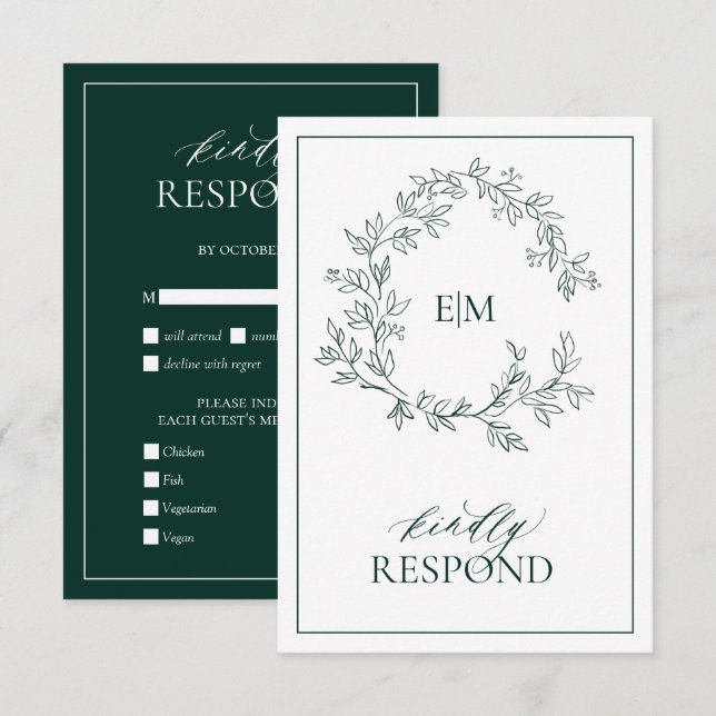 Emerald Green Monogram Wedding RSVP Card (Front/Back)