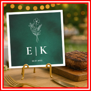 Emerald Green Monogram Wildflower Floral Wedding Napkin