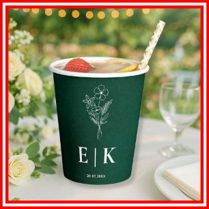 Emerald Green Monogram Wildflower Wedding Paper Cups