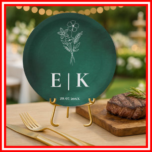 Emerald Green Monogram Wildflower Wedding Paper Plate
