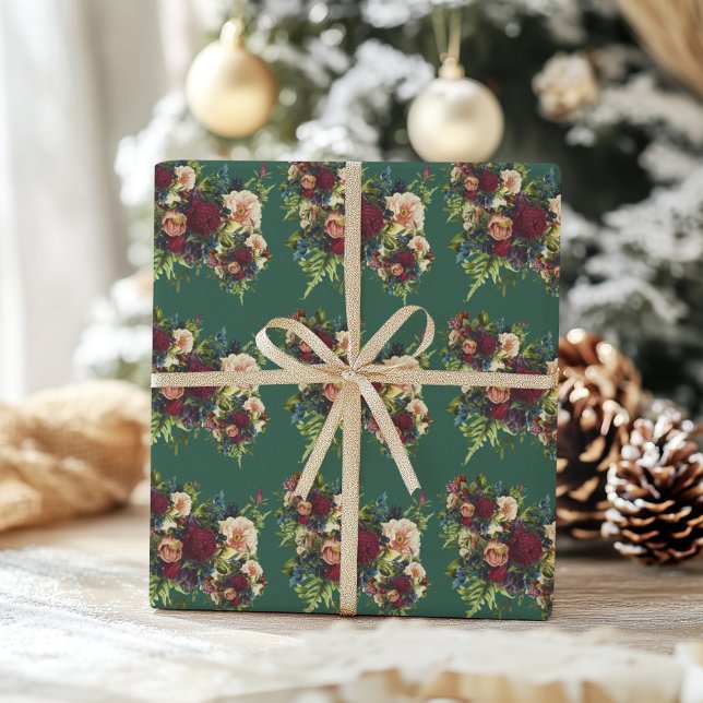 Emerald green Moody Floral Burgundy Wedding  Wrapping Paper (Creator Uploaded)