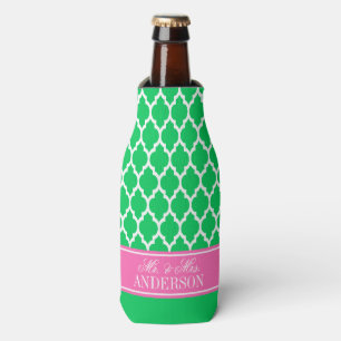 Emerald Green Moroccan #4 Hot Pink Name Wedding Bottle Cooler