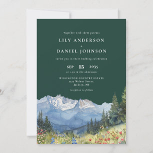 Emerald Green Mountain Floral QR Code Wedding Invitation