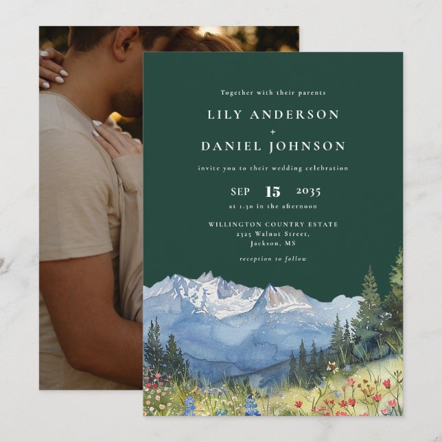 Emerald Green Mountain Wildflower Photo Wedding Invitation (Front/Back)