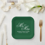 Emerald green Mr and Mrs most elegant wedding Paper Plate<br><div class="desc">Emerald green Mr and Mrs most elegant wedding party plates for dinner and cake. Elegant script typography template. Personalized rings with custom name and date. Luxury table decor for receptions and cocktail hour.</div>