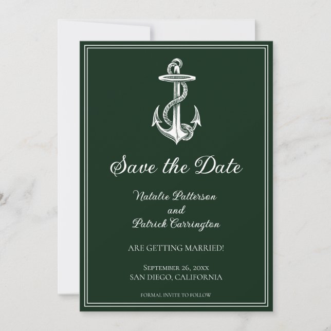 Emerald Green Nautical Anchor Save the Date Invite (Front)