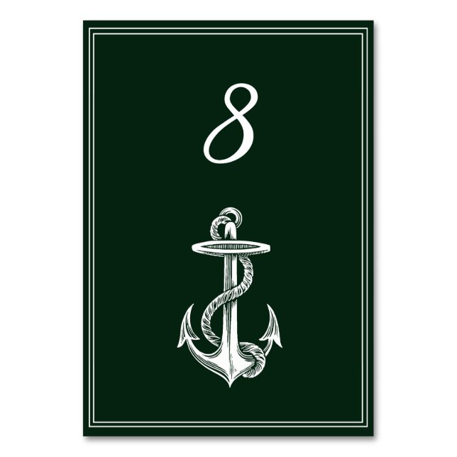 Emerald Green Nautical Anchor Table Number Card (Front)