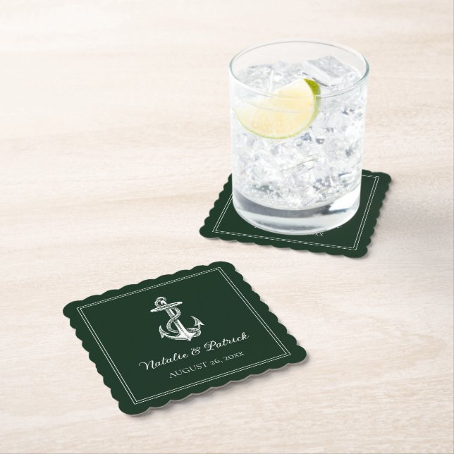 Emerald Green Nautical Anchor Wedding Paper Coaster (Insitu)