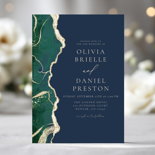Emerald Green Navy Blue Agate Wedding Elegant Invitation (Creator Uploaded)