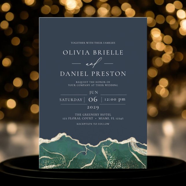 Emerald Green Navy Blue Gold Agate Wedding Invitation (Creator Uploaded)