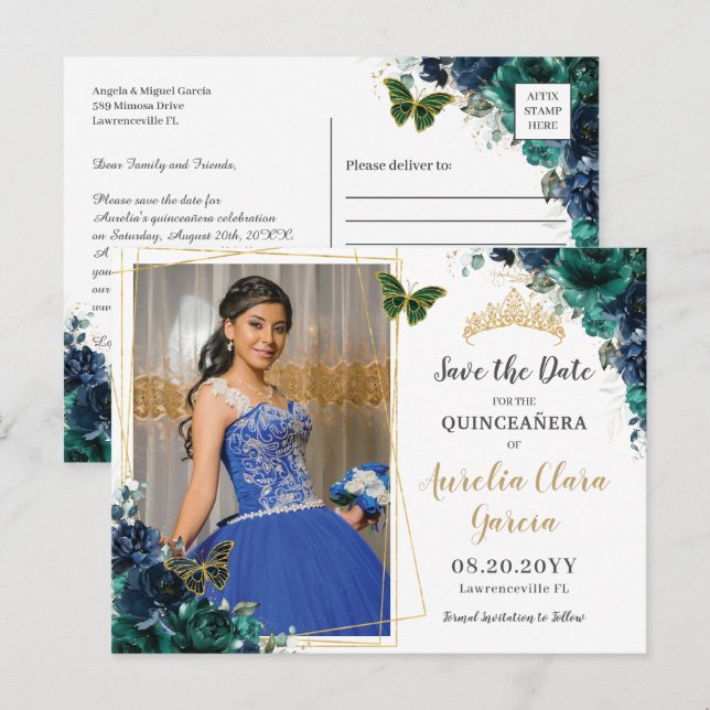 Emerald Green Navy Floral Quinceañera Photograph Announcement Postcard (Front/Back)