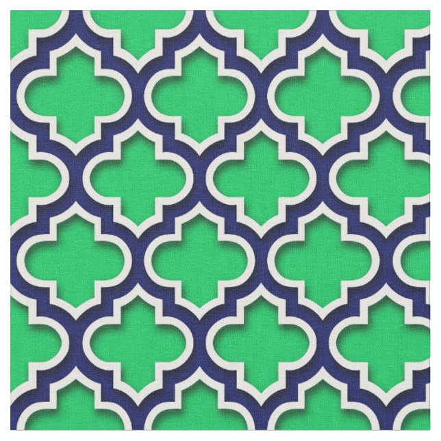 Emerald Green Navy White Moroccan Quatrefoil #5DS Fabric (Close Up)