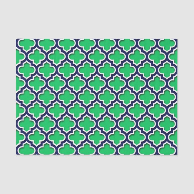 Emerald Green Navy White Moroccan Quatrefoil #5DS Tissue Paper (Front)