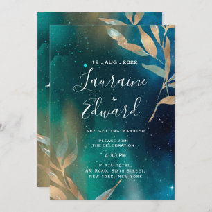 Emerald green nebula galaxy night sky golden foil  invitation