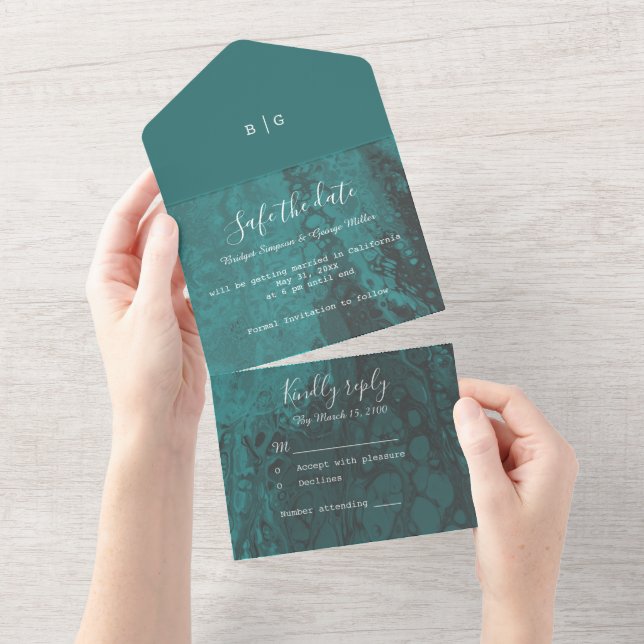 emerald green ocean marble wedding safe the date all in one invitation (Tearaway)