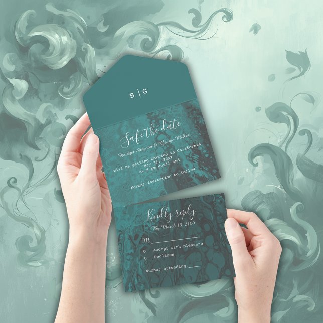 emerald green ocean marble wedding safe the date all in one invitation (Creator Uploaded)