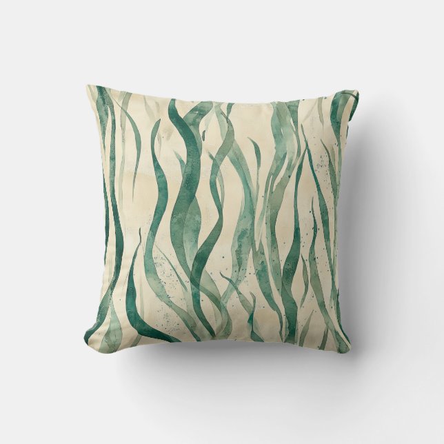Emerald Green Ombre Seaweed Vintage Coastal Cushion (Front)