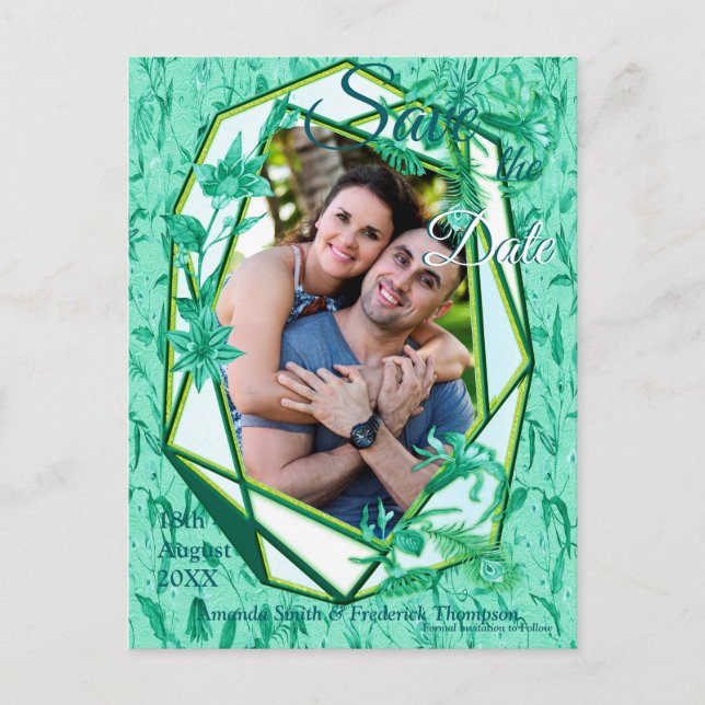 Emerald green on a sculpture texture backing announcement postcard (Front)