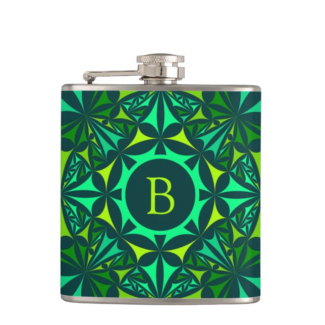 Emerald Green Ornate Kaleidoscope Monogram Hip Flask (Front)