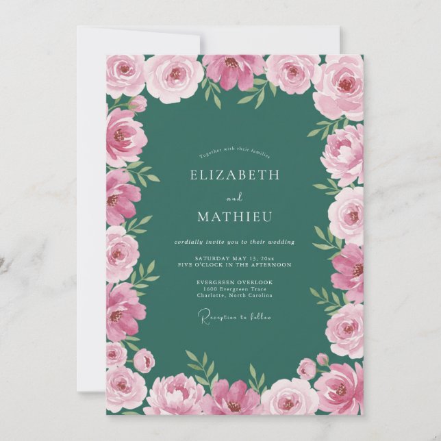 Emerald Green Painterly Botanical Wedding Invitation (Front)