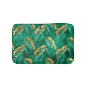 Emerald Green Palm Leaf Bright Golden Jungle Bath Mat
