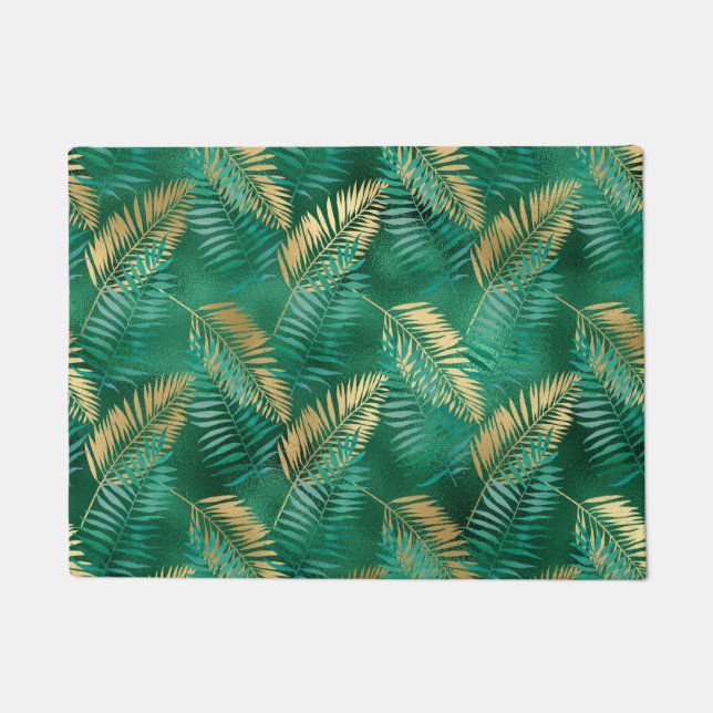 Emerald Green Palm Leaf Bright Golden Jungle Doormat (Front)